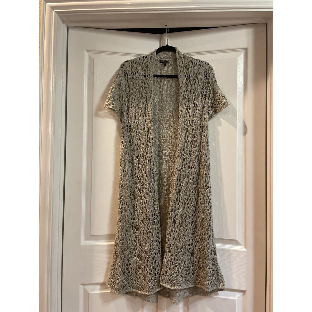 Eileen Fisher Cardigan Sweater Womens M Gray Linen Open Knit Short Sleeve Duster